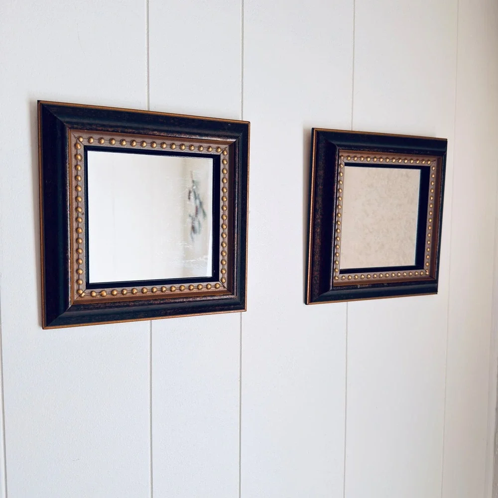 Home Interiors Co Set of 2 Square Mirrors Bronze Gold Beaded Frame Vintage 2003